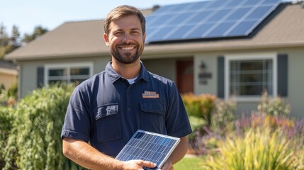 A technician smiles while holding a solar panel, showcasing solar energy solutions in front of a residential home on a sunny day
