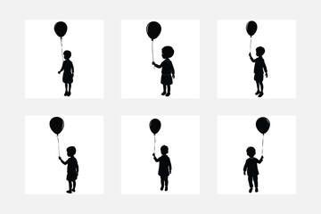 Whimsical kids holding balloon silhouette white background artwork set for events
