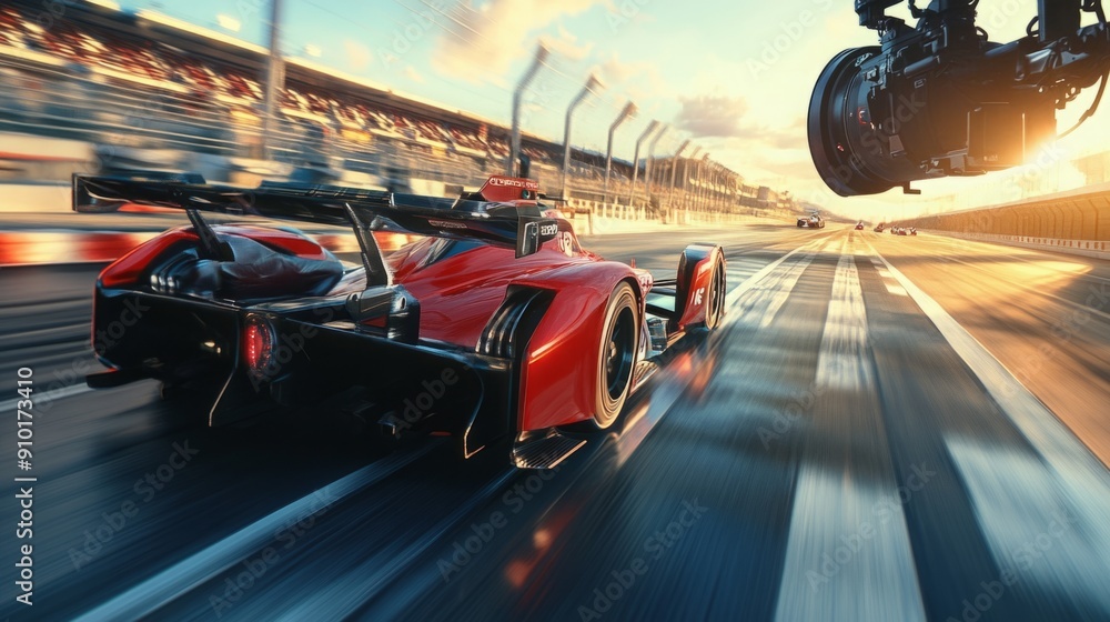 Poster a sleek racing car accelerates down a track during sunset, showcasing dynamic movement and vibrant c