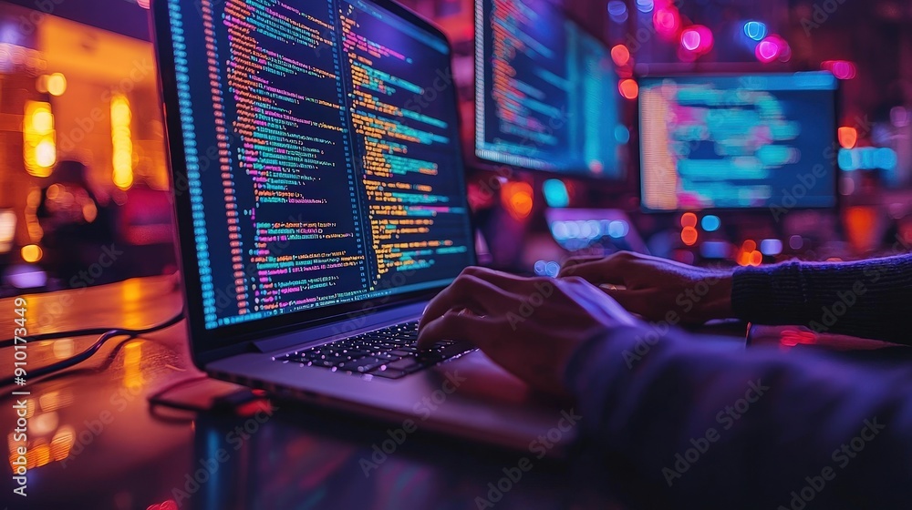 Poster A programmer types on a laptop surrounded by screens displaying colorful code in a vibrant tech environment