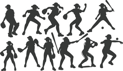 Baseball player silhouettes set in different poses. Baseball icons vector. Man Throwing Ball Silhouette. Baseball Player Silhouette. baseball player, vector isolated illustration. Baseball batter.