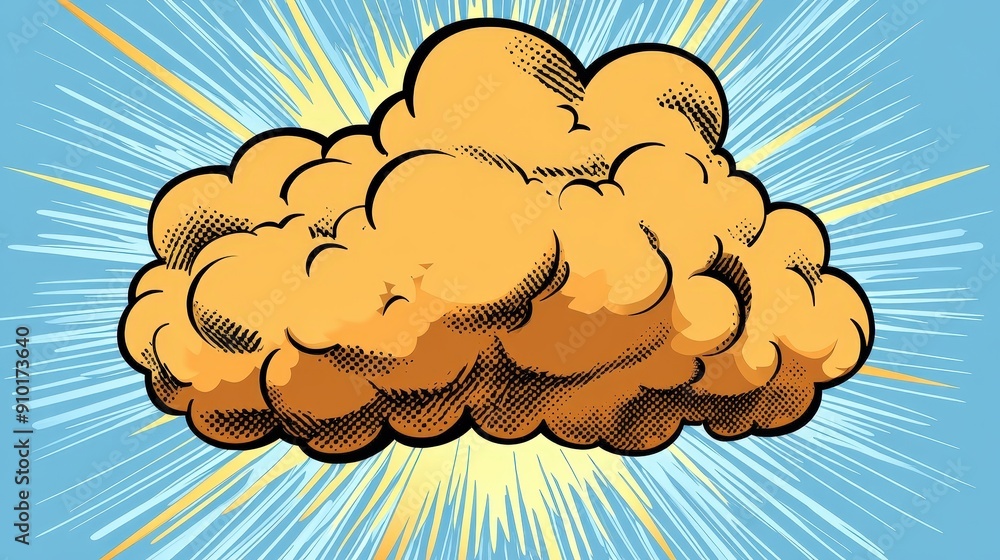 Poster a vibrant yellow cloud bursts with radiance, surrounded by striking rays on a clear blue backdrop, c