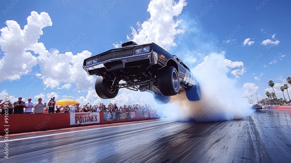 Poster a classic car performs an impressive jump during a drag racing event, surrounded by an enthusiastic 