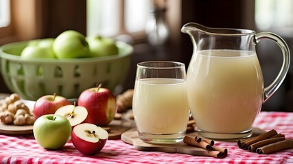 "Create an apple ginger zing juice by juicing fresh apples and adding a hint of ginger. Serve it in a stylish glass jug, garnished with apple slices and a cinnamon stick. Place it on a cozy kitchen ta