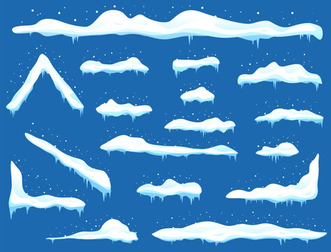 Snow caps. Cartoon snowdrifts. Different shapes with icicles. Winter frame decorations. Snowy roof. Cold season effect. Icy heaps. Distribution by form. White frozen elements vector set