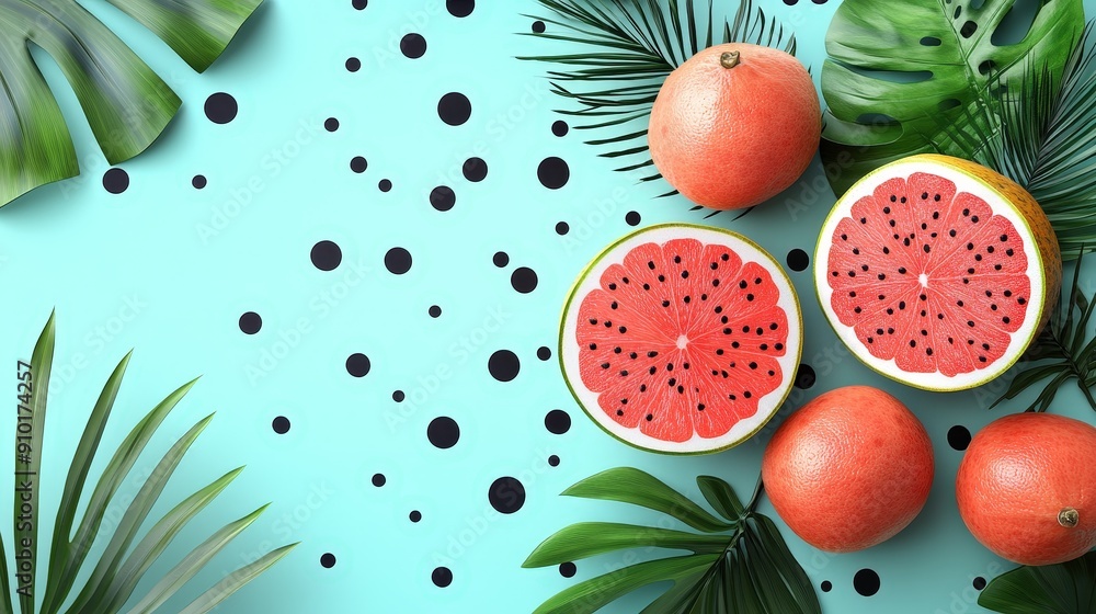 Poster Brightly colored watermelons and grapefruits are arranged with tropical leaves on a vibrant blue background, creating a lively and refreshing visual display