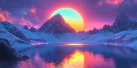 A Colorful Sunset Over a Mountainous Landscape with a Calm Lake