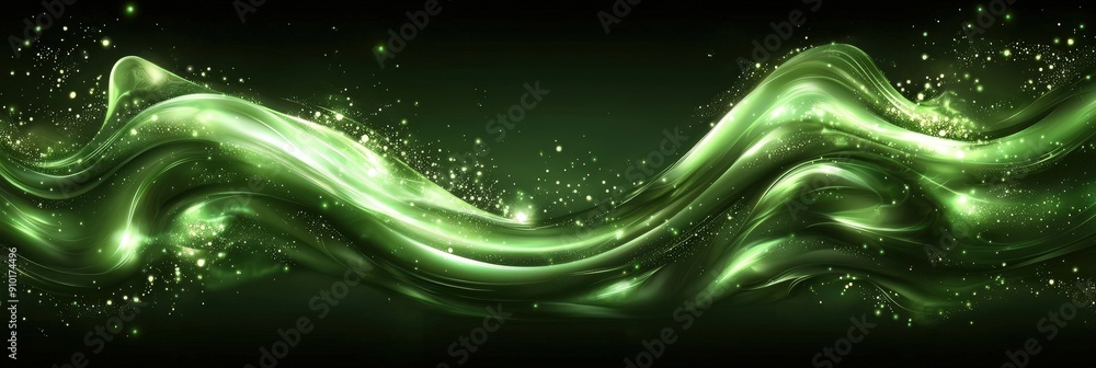 Poster Dynamic green swirls flow gracefully with sparkling particles illuminating the dark background, creating a captivating visual experience