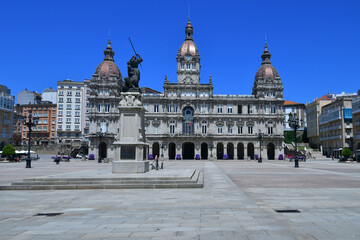 The main square of A Coruña and the town hall building in Spain.