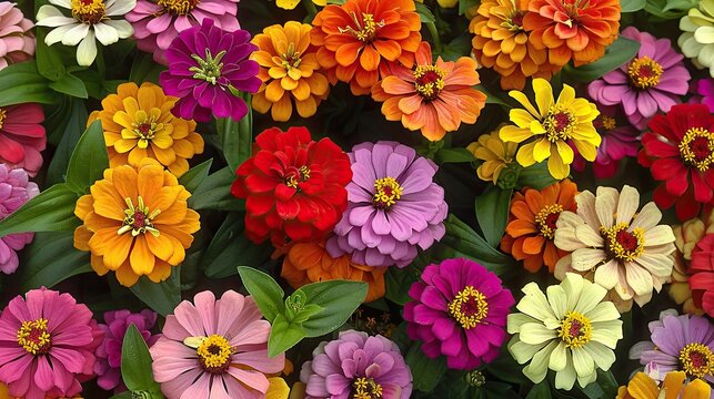 A colorful array of zinnias in full bloom, with their bright petals creating a lively and cheerful scene
