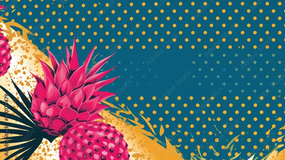 Poster bright pink pineapples are featured against a teal background adorned with yellow polka dots, creati