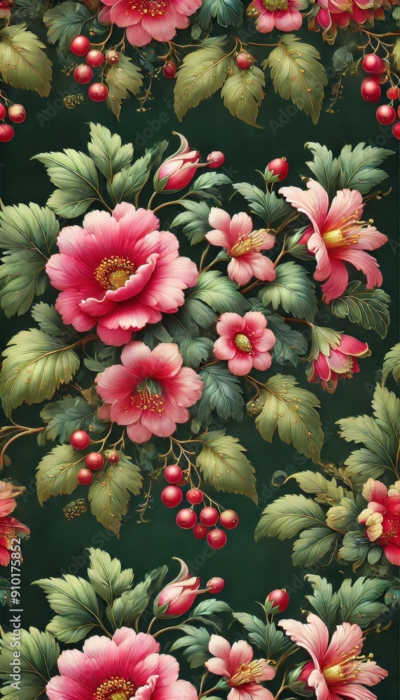 Poster a floral pattern displays an array of pink blossoms and green leaves set against a dark background, 