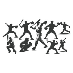 Baseball player silhouettes set in different poses. Baseball icons vector. Man Throwing Ball Silhouette. Baseball Player Silhouette. baseball player, vector isolated illustration. Baseball batter.
