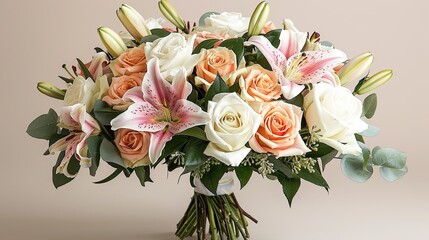 A beautiful arrangement of mixed roses and lilies in soft pastel colors, set against a clean, light...