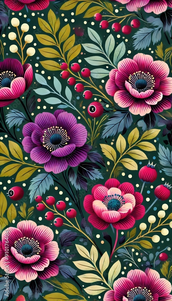 Poster a decorative floral pattern showcases vivid anemones and greenery against a rich dark backdrop, crea