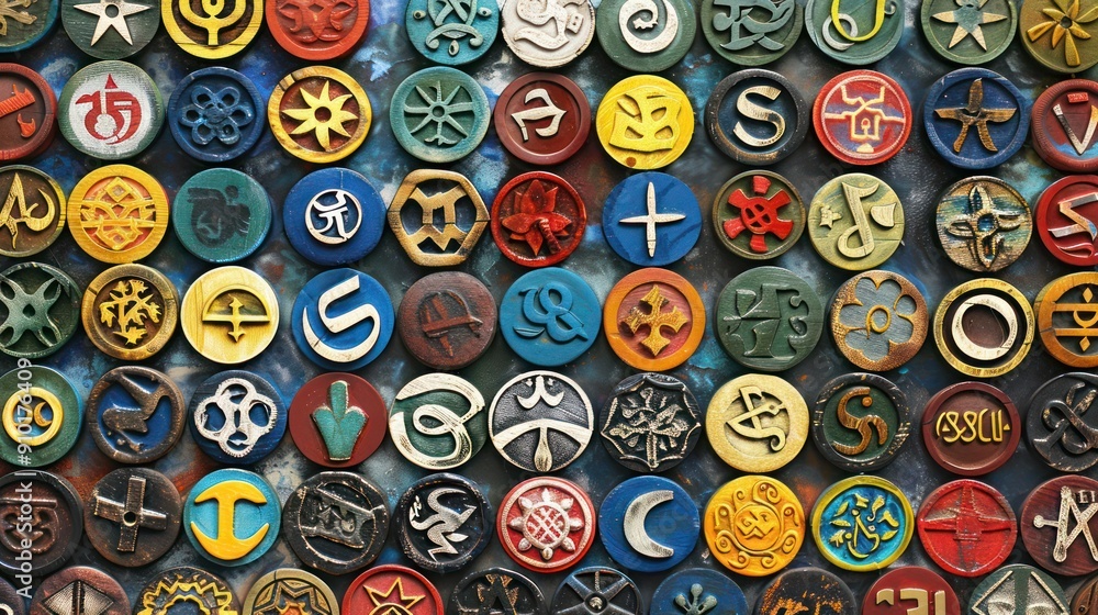 Poster collage of symbols representing various religions arranged in a circular pattern.