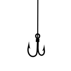 Vector illustration of fishing hook with rope line on white background. Concept of sea fish trap with bait.