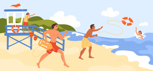 Lifeguard rescues people. Men on beach throw lifebuoy to drowning woman. Sea observation tower. Professional rescuer. Swimming safety. Lifesavers rush to victim. Garish vector concept