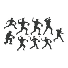 Obraz premium Baseball player silhouettes set in different poses. Baseball icons vector. Man Throwing Ball Silhouette. Baseball Player Silhouette. baseball player, vector isolated illustration. Baseball batter.