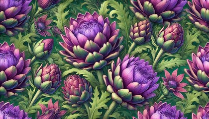 Fototapeta premium A detailed arrangement of artichokes in shades of purple and green, intricate leaves surrounding them, creating a lush, textured display