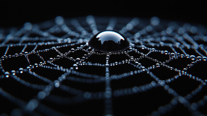 A spider web in dew drops on a black background.