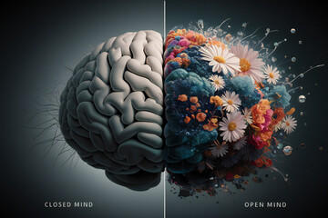 illustration of a brain divided into two distinct halves with grayish brain structure and vibrant flowers and shimmering elements showcasing closed mind and open mind concept.