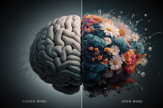 illustration of a brain divided into two distinct halves with grayish brain structure and vibrant flowers and shimmering elements showcasing closed mind and open mind concept.
