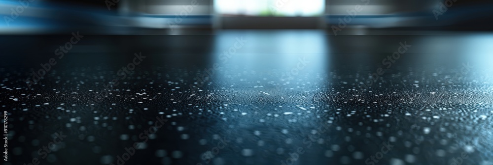 Poster A close-up perspective reveals a dark reflective surface adorned with shimmering particles, illuminated softly in a blurred indoor setting