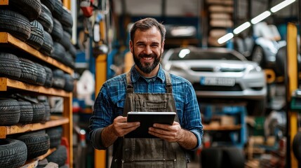 A mechanic in overalls is smiling and looking at a tablet in a tire shop filled with stacks of tires and cars in the background