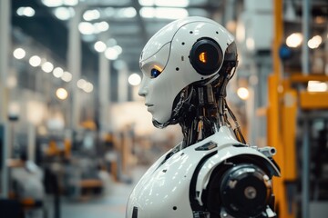 A robot with glowing eyes working on an assembly line in a factory setting