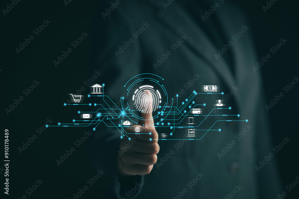 Poster businessman scanning fingerprint on virtual screen to access financial and other sensitive informati
