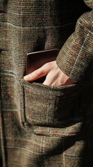 Contemporary Elegance - Stylish Tweed Jacket with Leather Notebook in Pocket, Life of Purpose and Style Exposed by Sunlight