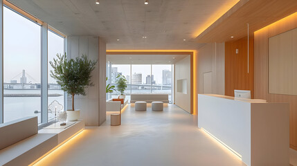 Minimalist Office Reception Area with City View - Photo