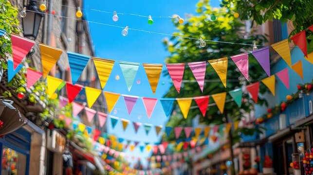 A vibrant street is decorated with colorful flags and lights, creating a festive atmosphere under a clear blue sky in the heart of a bustling town
