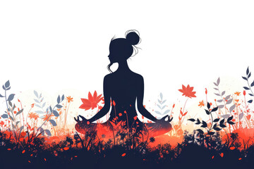 flat vector illustration of girl sitting and meditating in lotus position on clean white background, around summer landscape with blooming flowers. concept of meditation and spiritual development.