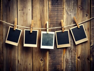 Fototapeta premium Rustic clothesline display featuring a row of blank Polaroid frames with black borders, suspended in mid-air, evoking a sense of nostalgia and vintage charm.