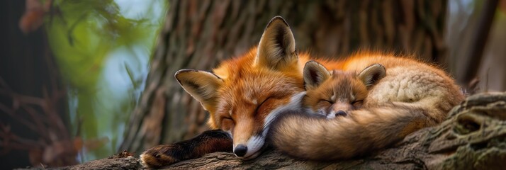 A fox mom and kit rest cozily on a tree branch, napping under the warm sunlight in a forest, surrounded by greenery.