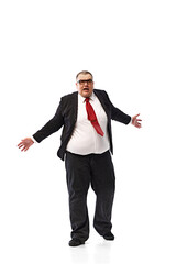Full-length of emotional man, businessman in formal wear and glasses expressing emotion of stress, shock isolated on white background. Situations at work. Concept of business, leisure, achievement