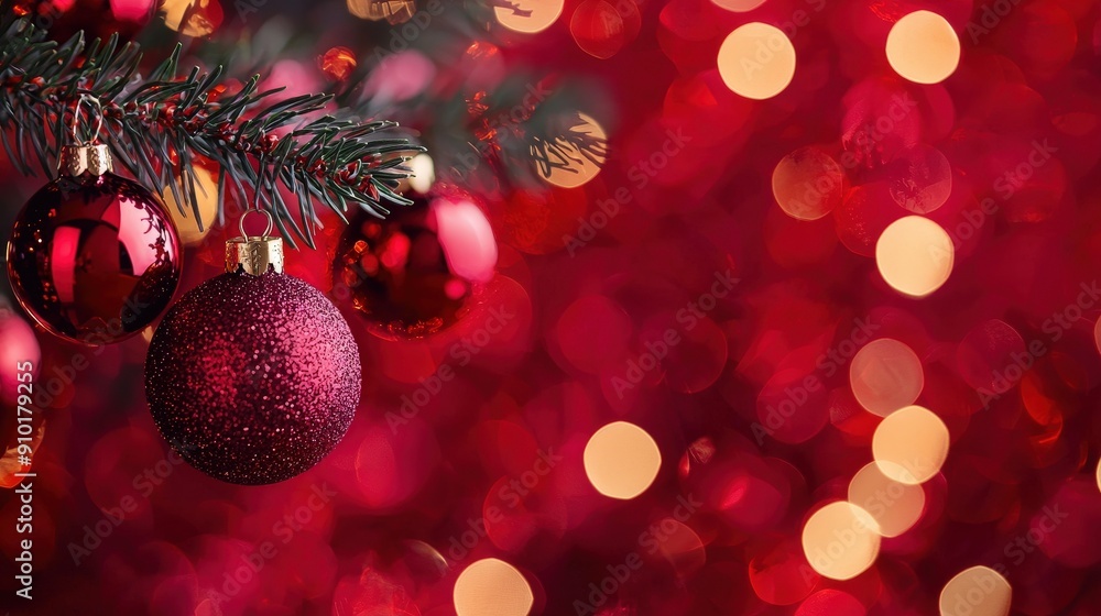 Poster red ornaments dangle from a pine branch, surrounded by a vibrant bokeh of red and gold lights, creat