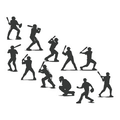 Baseball player silhouettes set in different poses. Baseball icons vector. Man Throwing Ball Silhouette. Baseball Player Silhouette. baseball player, vector isolated illustration. Baseball batter.