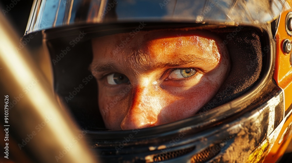 Poster a focused racing driver wearing a helmet shows intense determination while competing in a dirt track