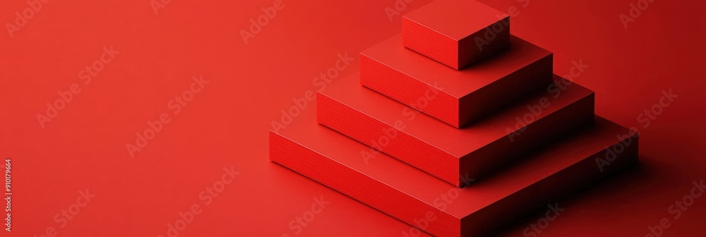 Poster a series of bright red geometric shapes stacked in a pyramid formation against a solid red backgroun