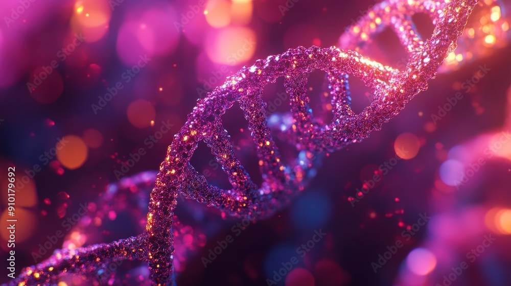 Poster A detailed view of a DNA helix with colorful patterns set against a sparkling background, showcasing the beauty of molecular structures in a scientific context