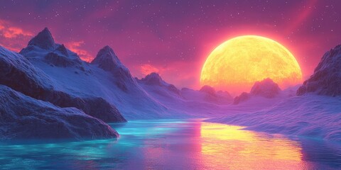 A Large Yellow Sun Sets Over Snowy Mountains and a Turquoise Lake