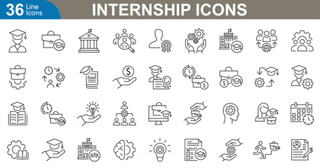 Internship icons set vector illustration. Application, interview, career, mentorship, networking, student, feedback and skill development. 