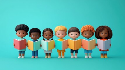 Fototapeta premium A 3D rendering of children from different ethnic backgrounds standing in a circle, holding oversized books. The children are smiling and appear to be sharing knowledge. The background is simple,