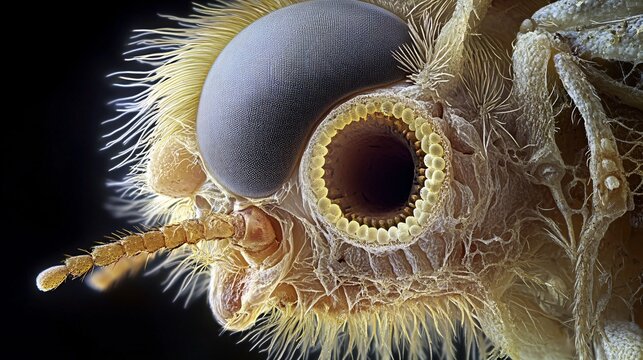 A high-resolution microscopic view of an insect's ovipositor reveals the complex structure and function of this reproductive organ. The ovipositor is magnified to show the fine, segmented