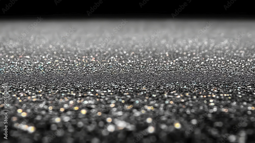 Poster fine silver glitter sparkles on a dark background, reflecting light and creating a mesmerizing, glow