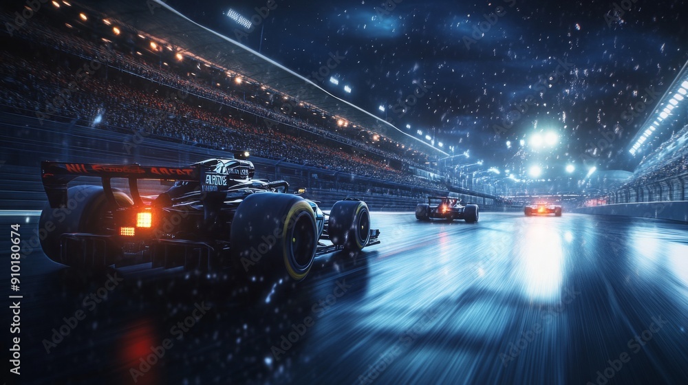 Poster a race car navigates a wet track at night, showcasing dynamic racing action and bright track lights 