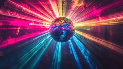 A vibrant disco ball reflects colorful lights, creating a lively atmosphere as partygoers dance energetically at a nightclub